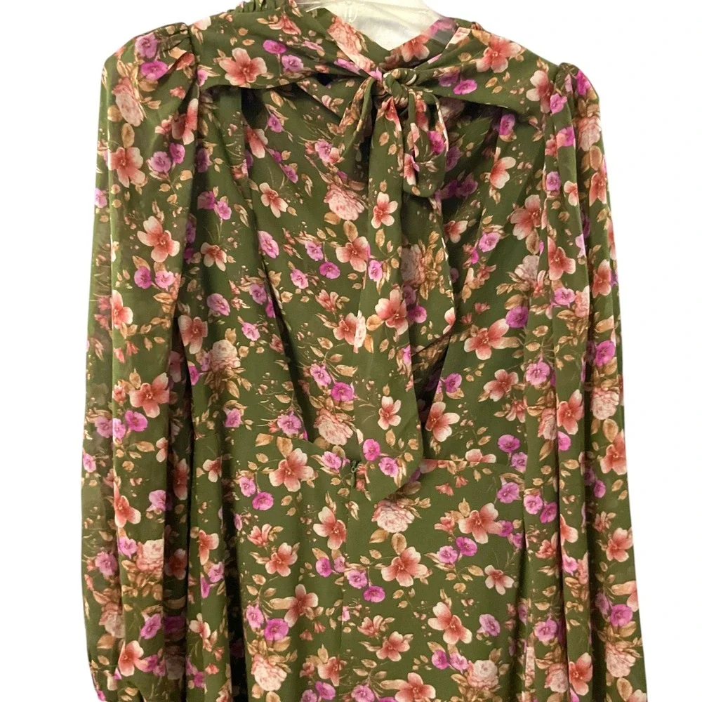 F21‎ Womens Olive Green Floral Open Back Tie Maxi Dress SZ  M Puff Sleeve NWT
